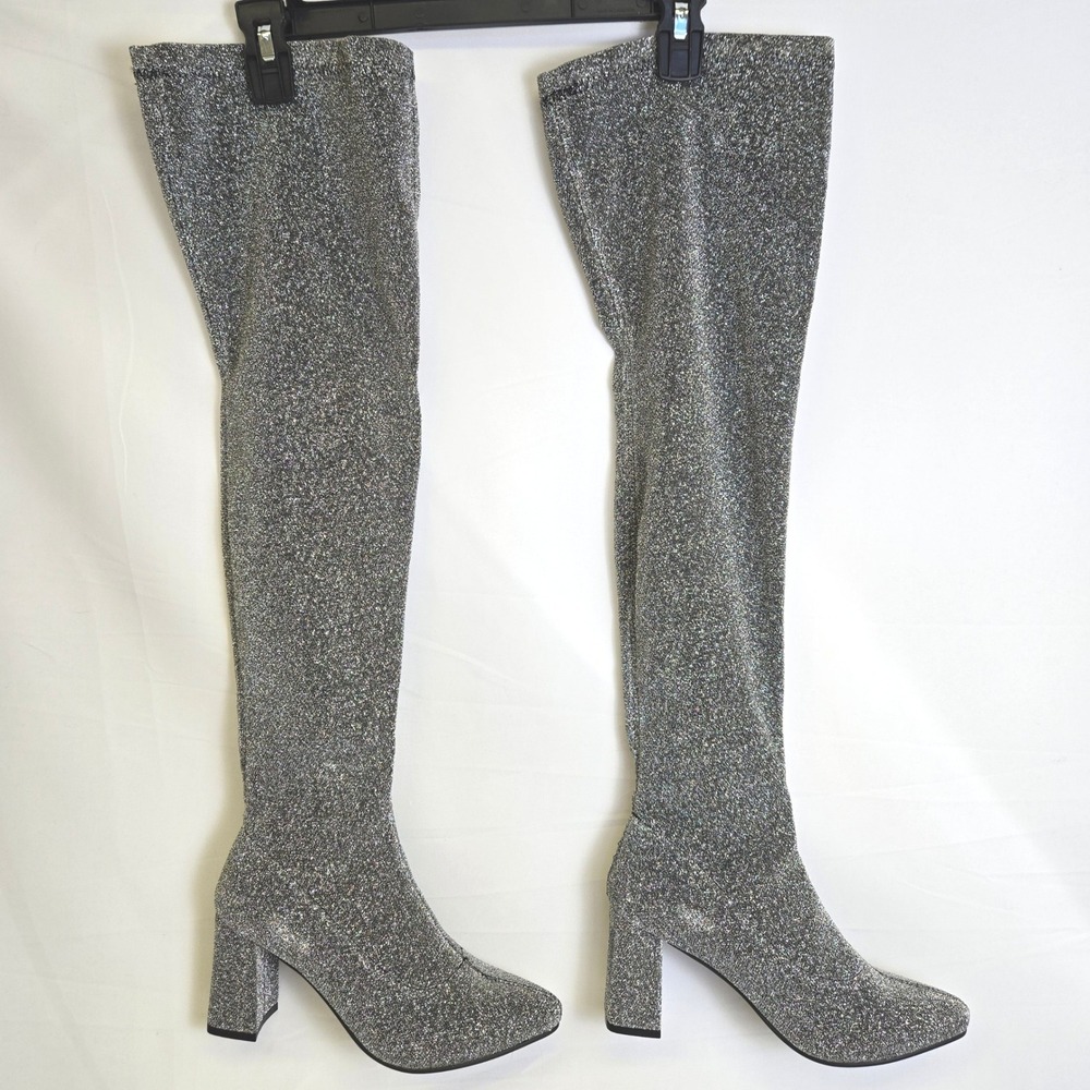 Over The Knee Glitter Sparkle Chunky Heel Boots Silver 7 Party New Years Holiday